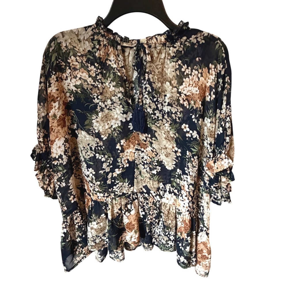 Umgee Floral Print Peplum Blouse Navy Tan Tassel Tie Neck‎ Ruffle Sleeve Small